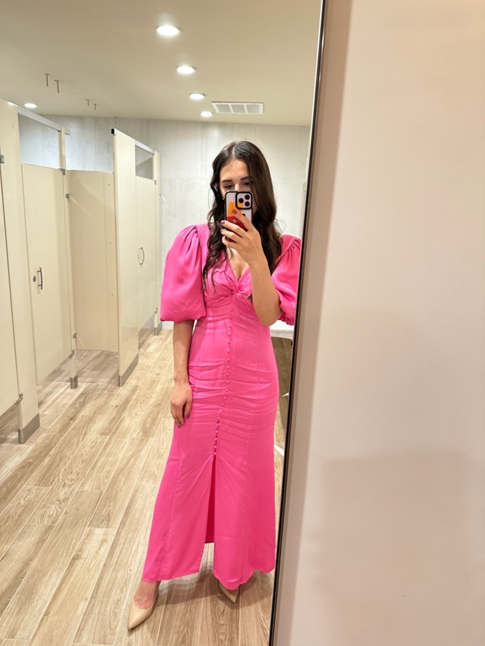 Massimo Dutti Hot Pink Puff-Sleeve Maxi Dress